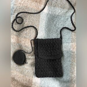 Black Crochet Crossbody Bag with Coin Pouch